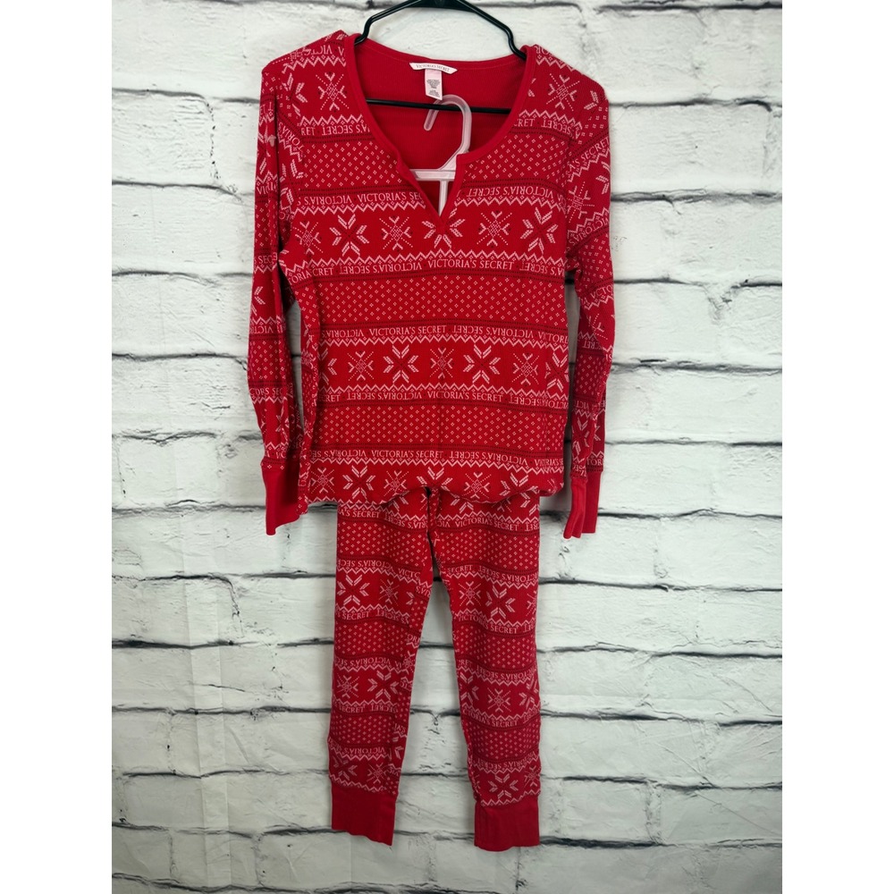 Victorias Secret Red Fair Isle Thermal Pajama Set Long Sleeve Top Leggings Large - Picture 2 of 10